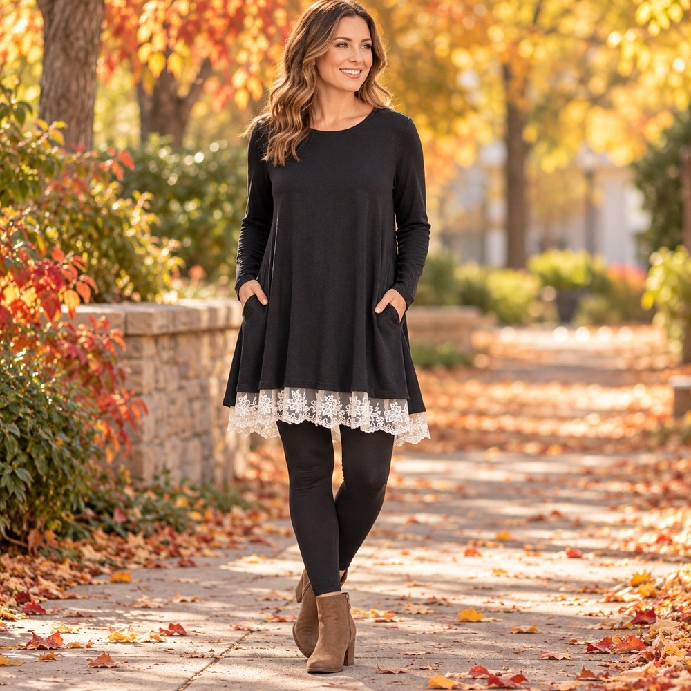 Black Lace Hem Swing Tunic XL Pockets Lagenlook Boho Romantic Gothic Relaxed